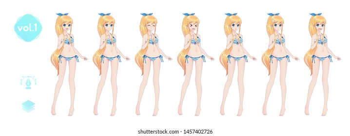 Anime manga girl, Cartoon character in Japanese style. In a summer bikini swimsuit. Set of emotions. Sprite full length character for game visual novel