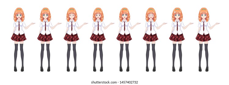Anime manga girl, Cartoon character in Japanese style. In a white shirt, a red skirt in a cage, a tie and black stockings-tights. Set of emotions. Sprite full length character for game visual novel