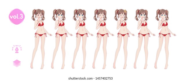 Anime manga girl, Cartoon character in Japanese style. In a summer bikini swimsuit. Set of emotions. Sprite full length character for game visual novel