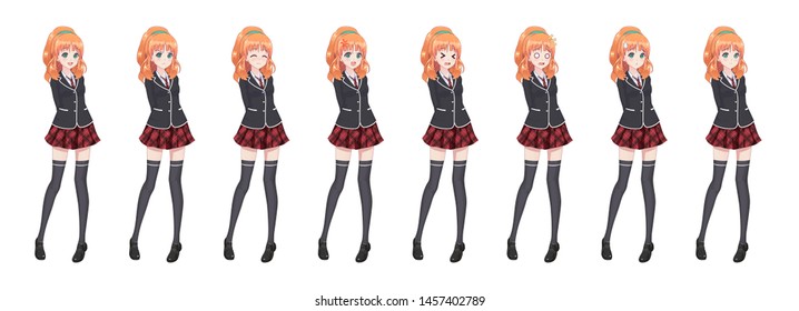 Anime manga girl, Cartoon character in Japanese style. Student girl in a black blazer, a red skirt in a cage. Set of emotions. Sprite full length character for game visual novel