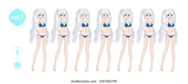 Anime manga girl, Cartoon character in Japanese style. In a summer bikini swimsuit. Set of emotions. Sprite full length character for game visual novel