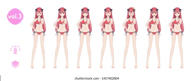 Anime manga girl, Cartoon character in Japanese style. In a summer bikini swimsuit. Set of emotions. Sprite full length character for game visual novel