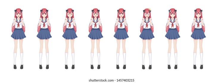 Anime manga girl, Cartoon character in Japanese style.School girl in a sailor suit, blue skirt.Set of emotions.Sprite full length character for game visual novel