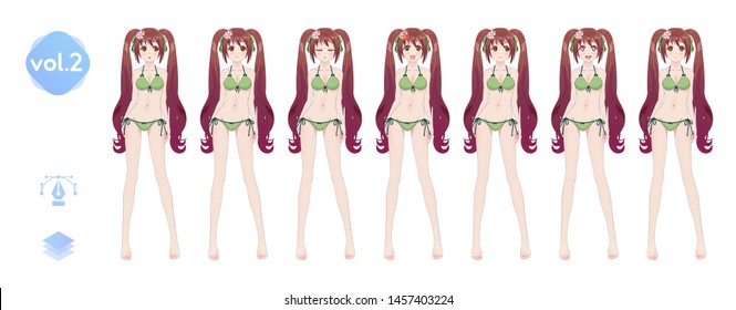 Anime manga girl, Cartoon character in Japanese style. In a summer bikini swimsuit. Set of emotions. Sprite full length character for game visual novel