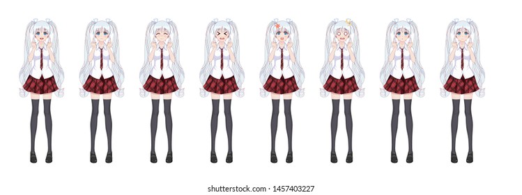 Anime manga girl, Cartoon character in Japanese style. In a white shirt, a red skirt in a cage, a tie and black stockings-tights. Set of emotions. Sprite full length character for game visual novel