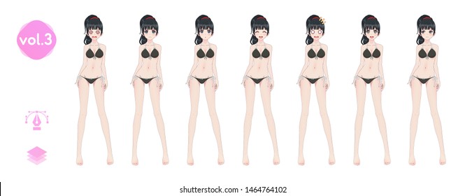 Anime manga girl, Cartoon character in Japanese style. In a summer bikini swimsuit. Set of emotions. Sprite full length character for game visual novel