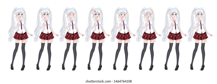 Anime manga girl, Cartoon character in Japanese style. In a white shirt, a red skirt in a cage, a tie and black stockings-tights. Set of emotions. Sprite full length character for game visual novel