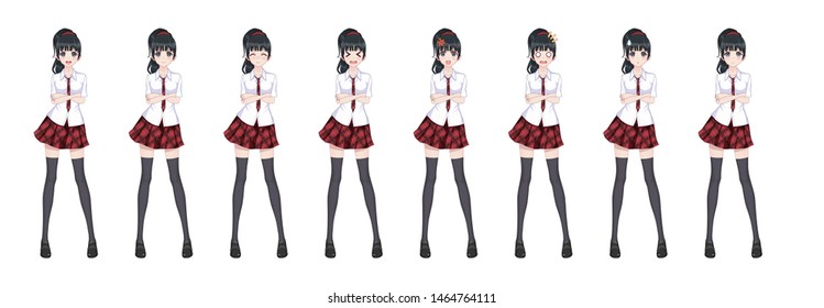 Anime manga girl, Cartoon character in Japanese style. In a white shirt, a red skirt in a cage, a tie and black stockings-tights. Set of emotions. Sprite full length character for game visual novel