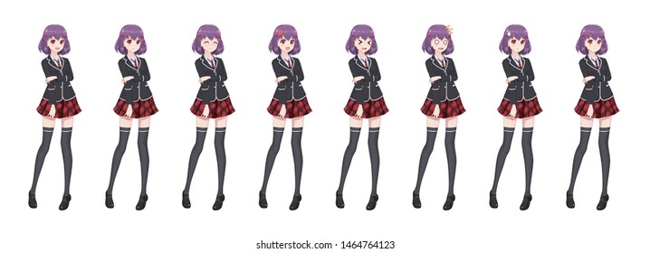 Anime manga girl, Cartoon character in Japanese style. Student girl in a black blazer, a red skirt in a cage. Set of emotions. Sprite full length character for game visual novel