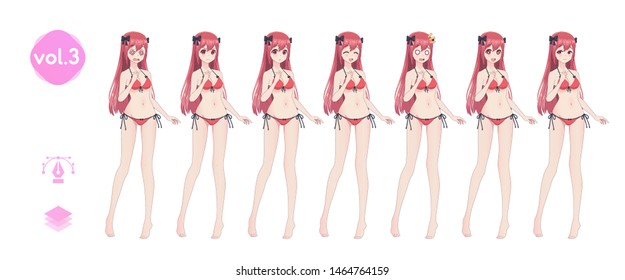 Anime manga girl, Cartoon character in Japanese style. In a summer bikini swimsuit. Set of emotions. Sprite full length character for game visual novel