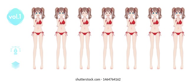 Anime manga girl, Cartoon character in Japanese style. In a summer bikini swimsuit. Set of emotions. Sprite full length character for game visual novel