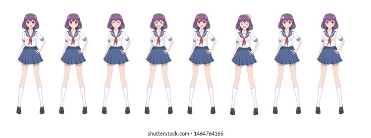 Anime manga girl, Cartoon character in Japanese style.School girl in a sailor suit, blue skirt.Set of emotions.Sprite full length character for game visual novel