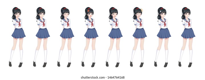 Anime manga girl, Cartoon character in Japanese style.School girl in a sailor suit, blue skirt.Set of emotions.Sprite full length character for game visual novel