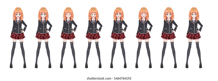 Anime manga girl, Cartoon character in Japanese style. Student girl in a black blazer, a red skirt in a cage. Set of emotions. Sprite full length character for game visual novel