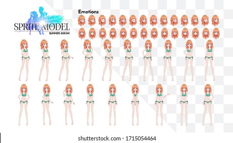Anime manga girl, Cartoon character in Japanese style. In a summer bikini swimsuit. Set of emotions. Sprite full length character for game visual novel