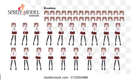 Anime manga girl, Cartoon character in Japanese style. In a white shirt, a red skirt in a cage, a tie and black stockings-tights. Set of emotions. Sprite full length character for game visual novel