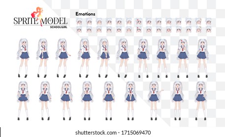 Anime manga girl, Cartoon character in Japanese style.School girl in a sailor suit, blue skirt.Set of emotions.Sprite full length character for game visual novel