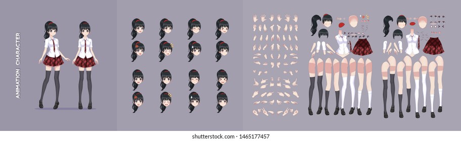 Anime manga girl cartoon characters for animation, motion design. The initial default pose. Parts of the body, eight emotions, many parts of hands