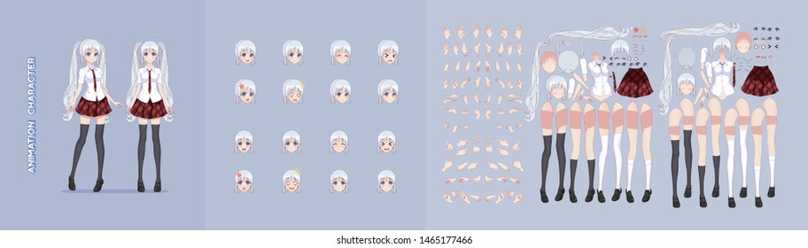 Anime manga girl cartoon characters for animation, motion design. The initial default pose. Parts of the body, eight emotions, many parts of hands