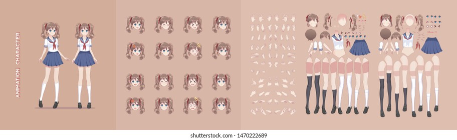 Anime manga girl cartoon characters for animation, motion design. The initial default pose. Parts of the body, eight emotions, many parts of hands. Schoolgirl in sailor and blue skirt