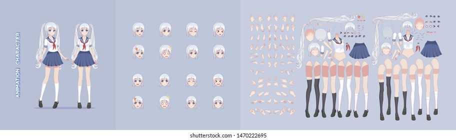 Anime manga girl cartoon characters for animation, motion design. The initial default pose. Parts of the body, eight emotions, many parts of hands