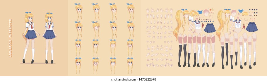 Anime manga girl cartoon characters for animation, motion design. The initial default pose. Parts of the body, eight emotions, many parts of hands