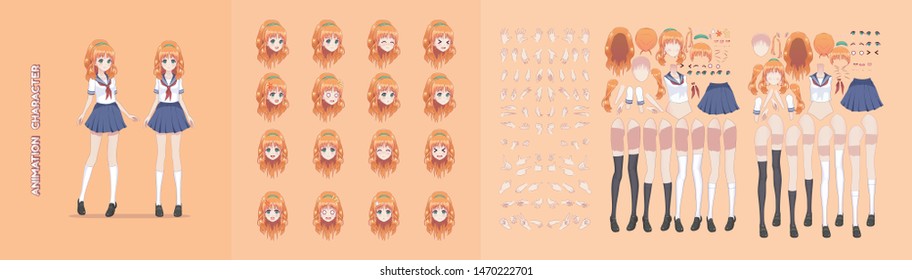 Anime manga girl cartoon characters for animation, motion design. The initial default pose. Parts of the body, eight emotions, many parts of hands. Schoolgirl in sailor and blue skirt