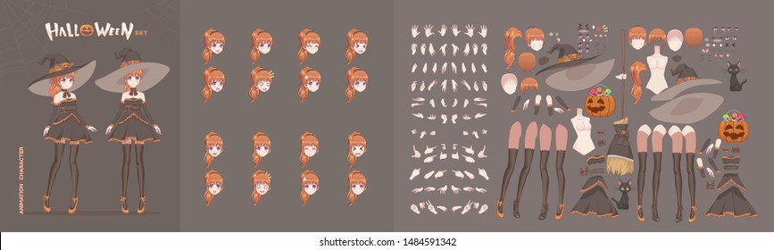 Anime manga girl cartoon characters for animation, motion design. The initial default pose. Parts of the body, eight emotions, many parts of hands. Halloween black witch animation kit