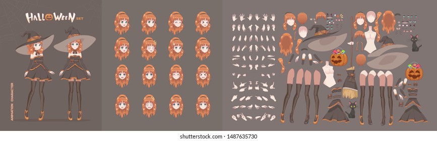 Anime manga girl cartoon characters for animation, motion design. The initial default pose. Parts of the body, eight emotions, many parts of hands. Halloween black witch animation kit