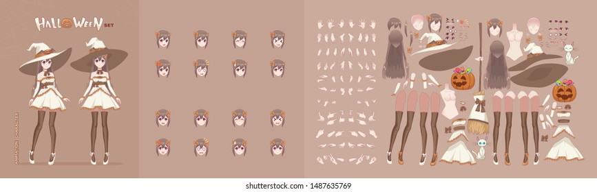 Anime manga girl cartoon characters for animation, motion design. Initial default pose. Parts of the body, eight emotions, many parts of hands. Halloween white witch animation kit