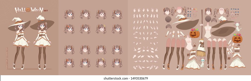 Anime manga girl cartoon characters for animation, motion design. Initial default pose. Parts of the body, eight emotions, many parts of hands. Halloween white witch animation kit