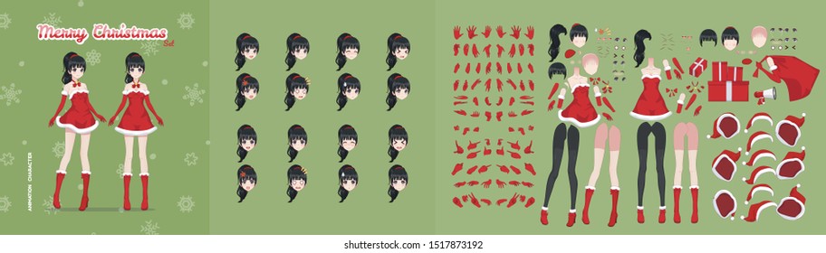 Anime manga girl cartoon characters for animation, motion design. Initial default pose. Parts of body, eight emotions, many parts of hands. Snow Maiden, girl in Christmas costume of Santa Claus