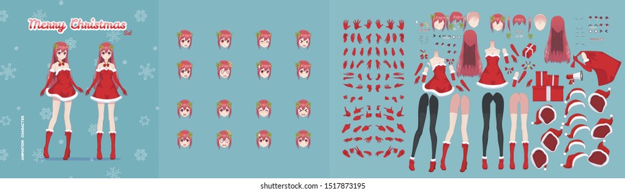 Anime manga girl cartoon characters for animation, motion design. Initial default pose. Parts of body, eight emotions, many parts of hands. Snow Maiden, girl in Christmas costume of Santa Claus