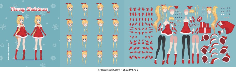 Anime manga girl cartoon characters for animation, motion design. Initial default pose. Parts of body, eight emotions, many parts of hands. Snow Maiden, girl in Christmas costume of Santa Claus