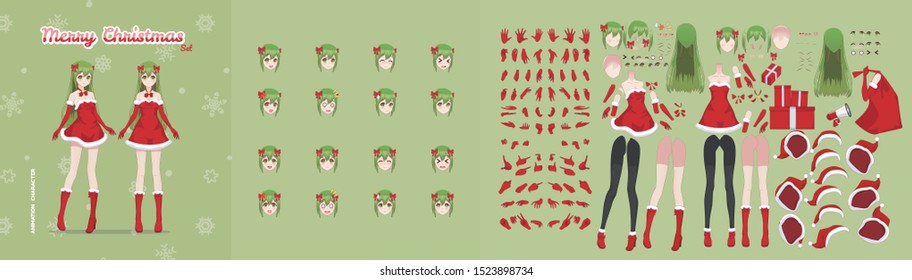 Anime manga girl cartoon characters for animation, motion design. Initial default pose. Parts of body, eight emotions, many parts of hands. Snow Maiden, girl in Christmas costume of Santa Claus