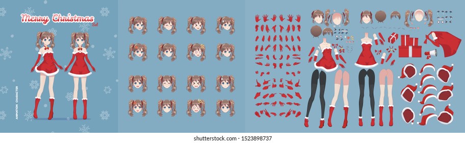 Anime manga girl cartoon characters for animation, motion design. Initial default pose. Parts of body, eight emotions, many parts of hands. Snow Maiden, girl in Christmas costume of Santa Claus