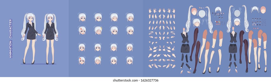 Anime manga girl cartoon characters for animation, motion design. Initial default pose. Parts of body, eight emotions, many parts of hands. Office business woman in jacket short skirt animation kit