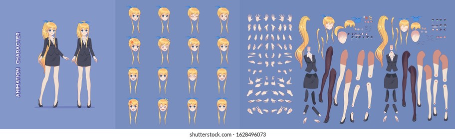 Anime manga girl cartoon characters for animation, motion design. Initial default pose. Parts of body, eight emotions, many parts of hands. Office business woman in jacket short skirt animation kit