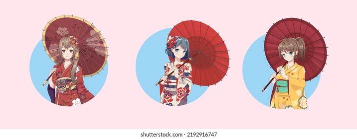 Anime manga girl cartoon characters. Girl wearing Japanese kimono with umbrella. Isolated Round Icons.Anime manga girl cartoon characters. Girl wearing Japanese kimono with umbrella. Isolated Round Ic
