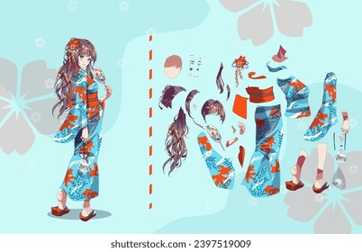 Anime manga girl cartoon characters for animation, motion design kit. Parts of body. Girl or geisha wearing Japanese kimono standing with handheld paper fan