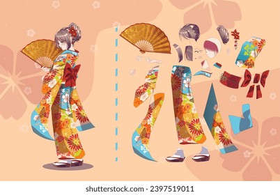 Anime manga girl cartoon characters for animation, motion design kit. Parts of body. Girl or geisha wearing Japanese kimono standing with handheld paper fan