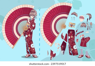 Anime Manga Mädchen Cartoon Figuren für Animation, Motion Design Kit. Körperteile. Mädchen oder geisha mit japanischem Kimono, stehend mit handgehaltenem Papierfächer