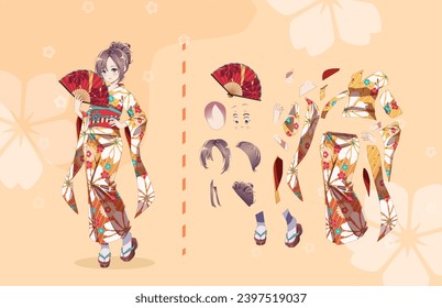 Anime Manga Mädchen Cartoon Figuren für Animation, Motion Design Kit. Körperteile. Mädchen oder geisha mit japanischem Kimono, stehend mit handgehaltenem Papierfächer