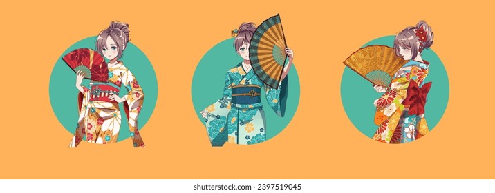 Anime manga girl cartoon characters. Girl wearing Japanese kimono with handheld paper fan. Isolated Round Icons