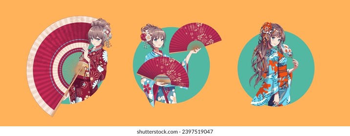 Anime manga girl cartoon characters. Girl wearing Japanese kimono with handheld paper fan. Isolated Round Icons