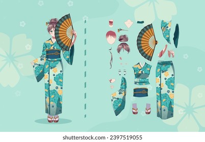 Anime Manga Mädchen Cartoon Figuren für Animation, Motion Design Kit. Körperteile. Mädchen oder geisha mit japanischem Kimono, stehend mit handgehaltenem Papierfächer