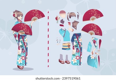 Anime Manga Mädchen Cartoon Figuren für Animation, Motion Design Kit. Körperteile. Mädchen oder geisha mit japanischem Kimono, stehend mit handgehaltenem Papierfächer