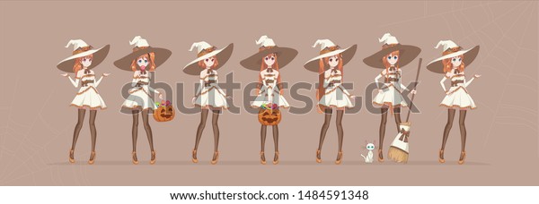 アニメ少女漫画のキャラクター カボチャ キャンディ 箒 猫を持つ さまざまなポーズのハロウィーン用白い魔女 のベクター画像素材 ロイヤリティフリー