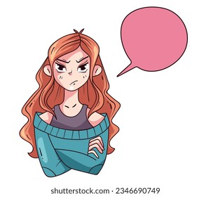 Anime manga girl character with speech bubble concept. Vector flat graphic design illustration