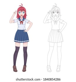 Anime manga girl. Comic japanese style cute smiling young woman in marine uniform, short skirt cosplay clothes, kawaii asian teen standing vector female colored and coloring book isolated character